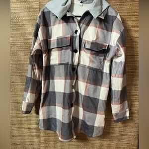 Plaid Button-Up Shirt Jacket with Removable hood
